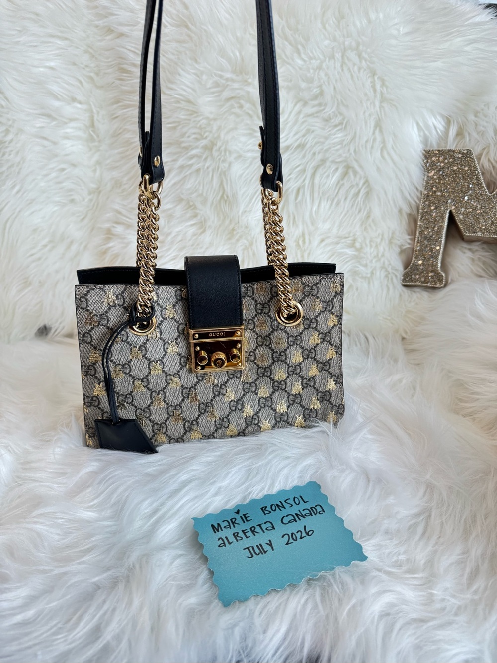 Gucci Beige GG Supreme Canvas Shoulder Bag with Black Leather and Gold Hardware